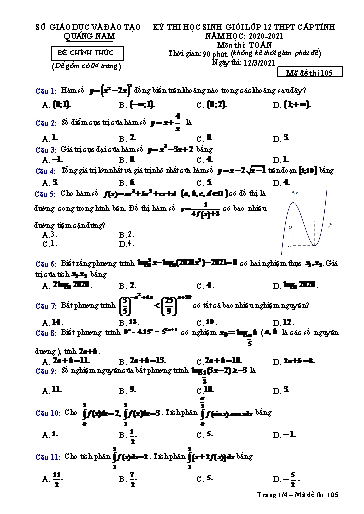 Đề thi chọn HSG cấp tỉnh môn Toán 12 - Sở GD&ĐT Quảng Nam 2020-2021 (Có đáp án)
