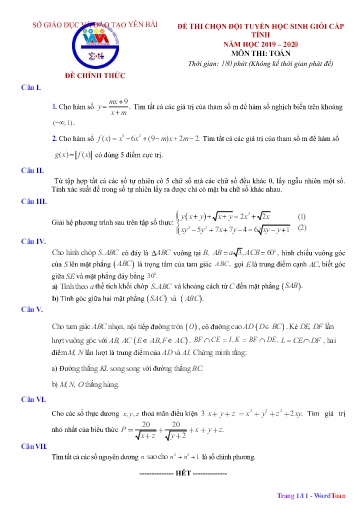 Đề thi chọn HSG cấp tỉnh môn Toán 12 - Sở GD&ĐT Yên Bái 2019-2020 (Có đáp án)