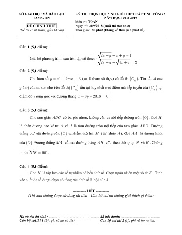 Đề thi chọn HSG cấp tỉnh môn Toán 12 (Vòng 2) - Sở GD&ĐT Long An 2018-2019 (Có đáp án)