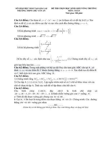 Đề thi chọn HSG cấp trường môn Toán 12 - Trường THPT Chu Văn An 2017-2018 (Có đáp án)