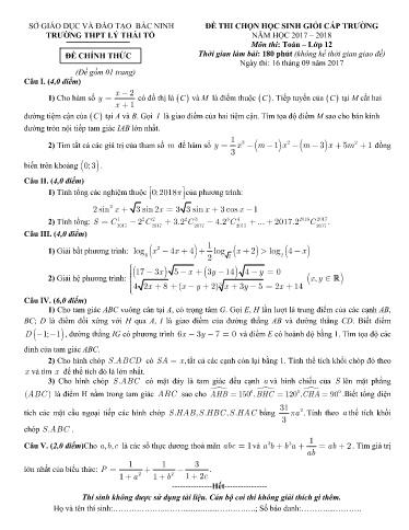 Đề thi chọn HSG cấp trường môn Toán 12 - Trường THPT Lý Thái Tổ 2017-2018 (Có đáp án)