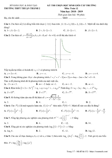 Đề thi chọn HSG cấp trường môn Toán 12 - Trường THPT Thuận Thành 2 2018-2019 (Có đáp án)