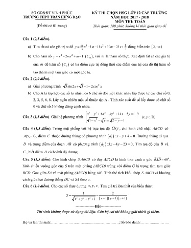 Đề thi chọn HSG cấp trường môn Toán 12 - Trường THPT Trần Hưng Đạo 2017-2018 (Có đáp án)