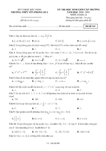 Đề thi chọn HSG cấp trường môn Toán 12 - Trường THPT Yên Phong số 2 2020-2021 (Có đáp án)