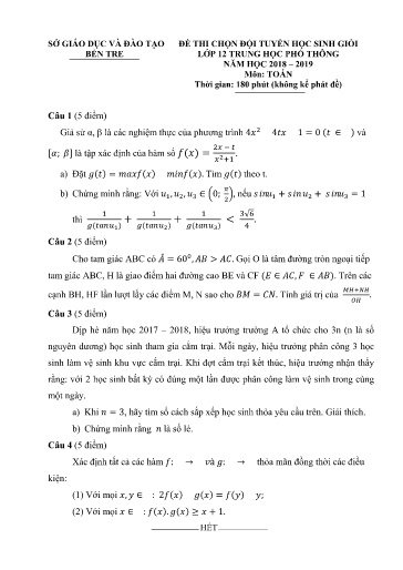 Đề thi chọn HSG Lớp 12 THPT môn Toán - Sở GD&ĐT Bến Tre 2018-2019 (Có đáp án)