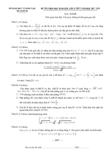 Đề thi chọn HSG Lớp 12 THPT môn Toán - Sở GD&ĐT Thái Bình 2017-2018 (Có đáp án)