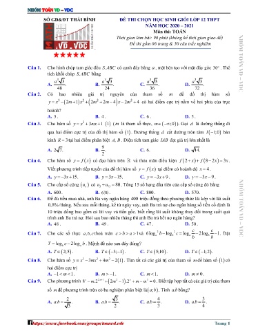 Đề thi chọn HSG Lớp 12 THPT môn Toán - Sở GD&ĐT Thái Bình 2020-2021 (Có đáp án)