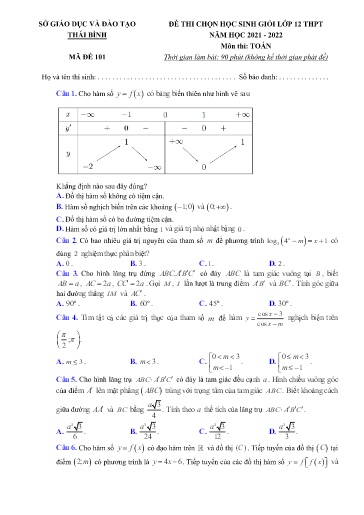 Đề thi chọn HSG Lớp 12 THPT môn Toán - Sở GD&ĐT Thái Bình 2021-2022 (Có đáp án)