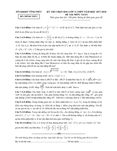 Đề thi chọn HSG Lớp 12 THPT môn Toán - Sở GD&ĐT Vĩnh Phúc 2017-2018 (Có đáp án)