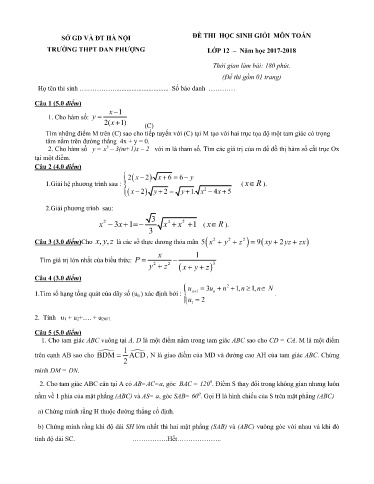 Đề thi chọn HSG Lớp 12 THPT môn Toán - Trường THPT Đan Phượng 2017-2018 (Có đáp án)