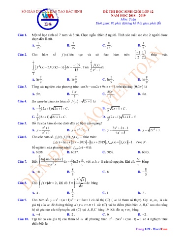 Đề thi chọn HSG môn Toán 12 - Sở GD&ĐT Bắc Ninh 2018-2019 (Có đáp án)