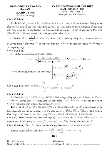 Đề thi chọn HSG môn Toán 12 - Sở GD&ĐT Hà Nam 2017-2018 (Có đáp án)