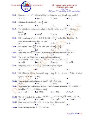 Đề thi chọn HSG môn Toán 12 - Sở GD&ĐT Quảng Nam 2018-2019 (Có đáp án)