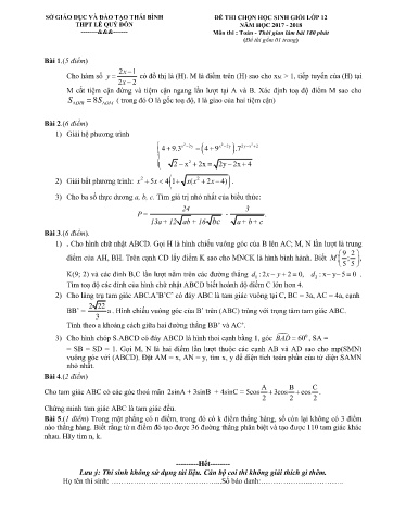 Đề thi chọn HSG môn Toán 12 - Trường THPT Lê Quý Đôn 2017-2018 (Có đáp án)