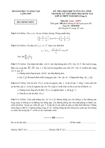 Đề thi chọn HSG Quốc gia Lớp 12 THPT môn Toán (Vòng 1) - Sở GD&ĐT Lạng Sơn 2018-2019 (Có đáp án)