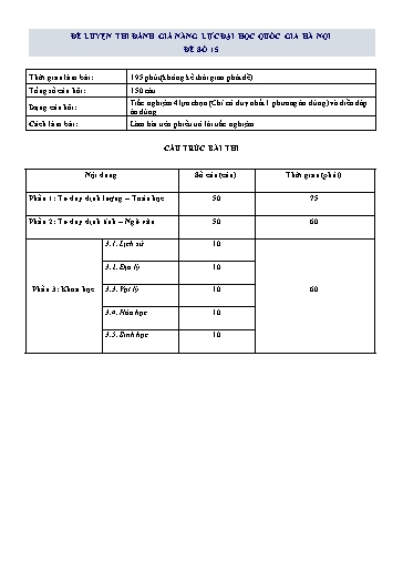 Đề thi đánh giá năng lực Đại học Quốc gia Hà nội 2022 - Đề số 15 (Có đáp án)