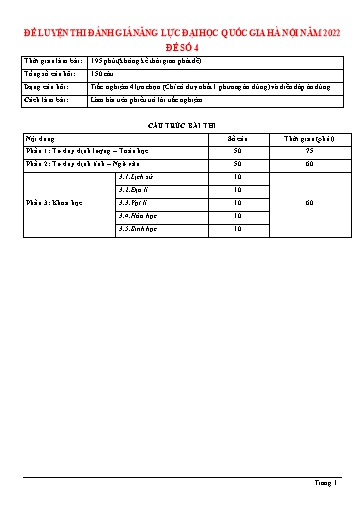 Đề thi đánh giá năng lực Đại học Quốc gia Hà nội 2022 - Đề số 4 (Có đáp án)