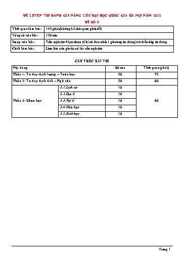 Đề thi đánh giá năng lực Đại học Quốc gia Hà nội 2022 - Đề số 5 (Có đáp án)