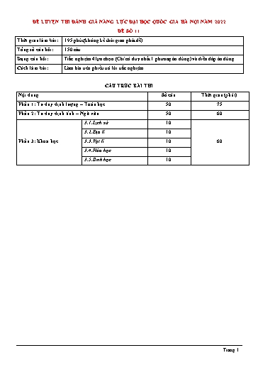 Đề thi đánh giá năng lực Đại học Quốc gia Hà nội 2022 - Đề số 11 (Có đáp án)