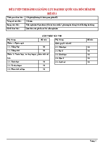 Đề thi đánh giá năng lực Đại học Quốc gia TP HCM 2022 - Đề số 3 (Có đáp án)
