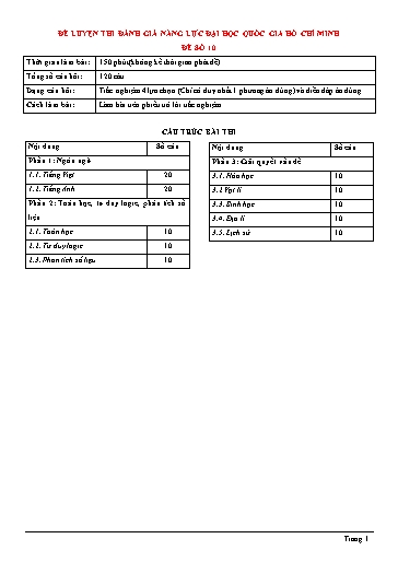 Đề thi đánh giá năng lực Đại học Quốc gia TP HCM 2022 - Đề số 10 (Có đáp án)