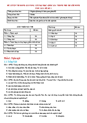 Đề thi đánh giá năng lực Đại học Quốc gia TP HCM 2022 - Đề số 2 (Có đáp án)