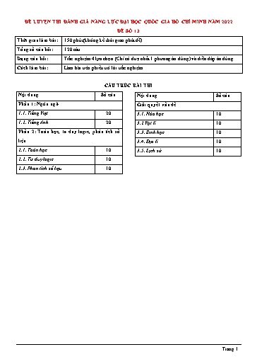 Đề thi đánh giá năng lực Đại học Quốc gia TP HCM 2022 - Đề số 13 (Có đáp án)