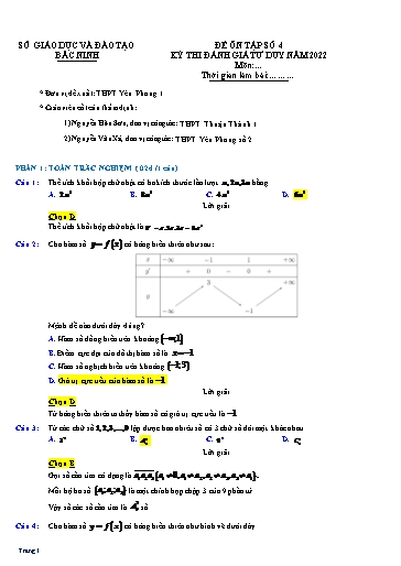 Đề thi đánh giá năng lực năm 2022 môn Toán - Trường THPT Yên Phong 1 (Có đáp án)
