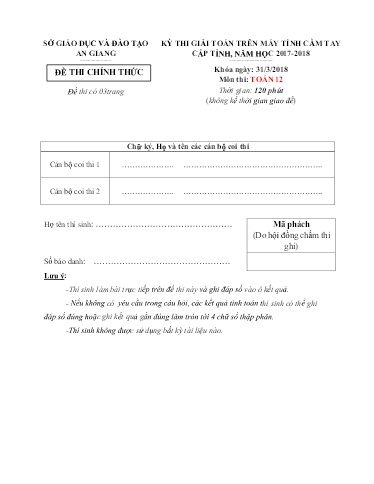 Đề thi giải toán trên máy tính cầm tay cấp tỉnh môn Toán 12 - Sở GD&ĐT An Giang 2017-2018 (Có đáp án)