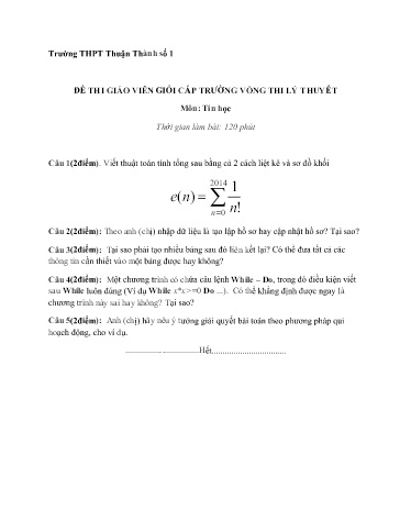 Đề thi giáo viên giỏi cấp trường môn Tin học (Phần Lý thuyết) - Trường THPT Thuận Thành số 1 (Có đáp án)