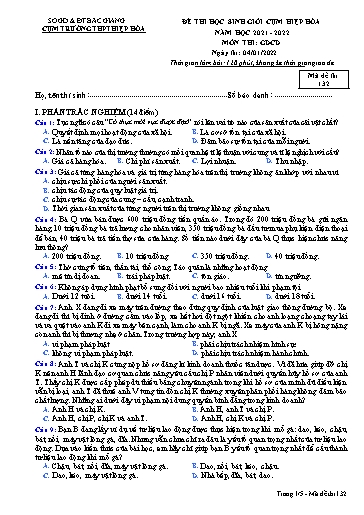 Đề thi HSG môn GDCD 12 - Trường THPT Hiệp Hòa 2021-2022 (Có đáp án)