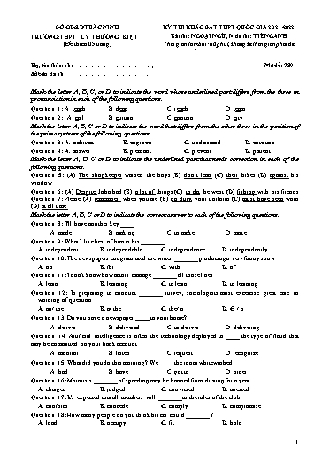 Đề thi khảo sát THPT QG 2022 môn Tiếng Anh - Trường THPT Lý Thường Kiệt (Có đáp án)