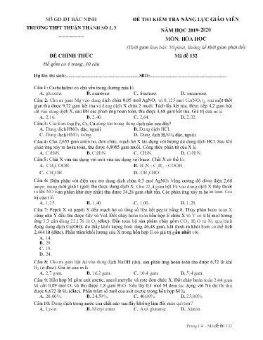 Đề thi kiểm tra năng lực giáo viên môn Hóa học - Trường THPT Thuận Thành 2019-2020 (Có đáp án)