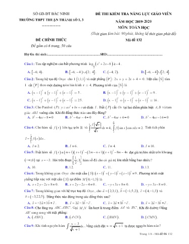 Đề thi kiểm tra năng lực giáo viên môn Toán - Trường THPT Thuận Thành 2019-2020 (Có đáp án)