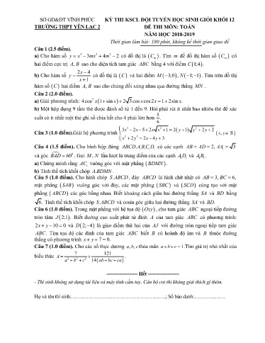 Đề thi KSCL đội tuyển HSG Khối 12 môn Toán - Sở GD&ĐT Vĩnh Phúc 2018-2019 (Có đáp án)