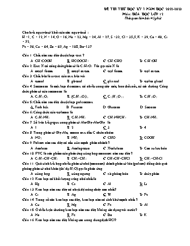 Đề thi thử học kì 1 môn Hóa học 12 - Trường THPT Lý Thường Kiệt 2022-2023 (Có đáp án)
