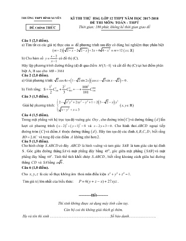 Đề thi thử HSG Lớp 12 THPT môn Toán - Trường THPT Bình Xuyên 2017-2018 (Có đáp án)