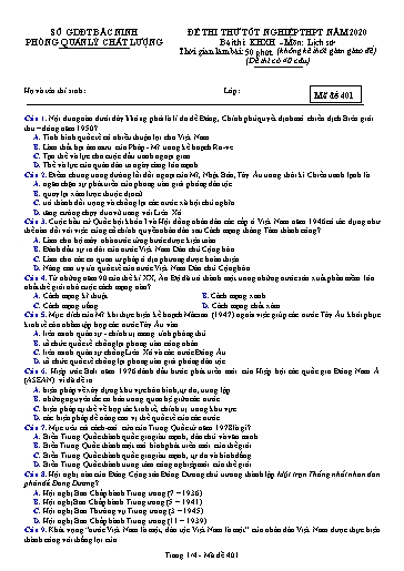 Đề thi thử Kỳ thi TN THPT 2020 môn Lịch sử - Phòng Quản lý chất lượng Bắc Ninh (Có đáp án)