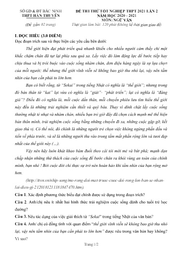 Đề thi thử TN THPT 2021 (Lần 2) môn Ngữ văn - Trường THPT Hàn Thuyên (Có đáp án)