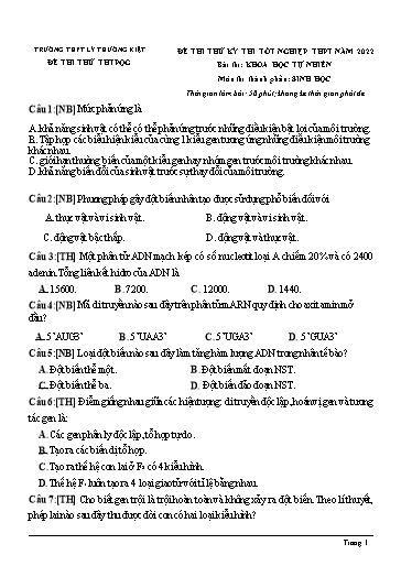 Đề thi thử TN THPT 2022 môn Sinh học - Trường THPT Lý Thường Kiệt (Có đáp án)