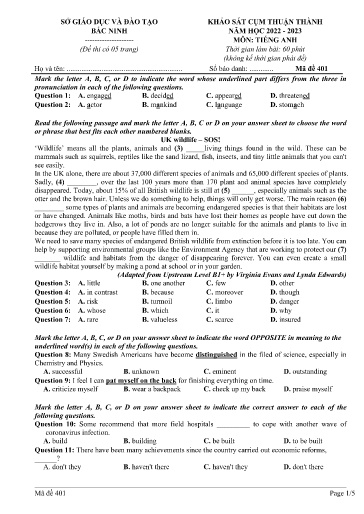 Đề thi thử TN THPT 2023 (Lần 1) môn Tiếng Anh - Sở GD&ĐT Bắc Ninh cụm Thuận Thành (Có đáp án)