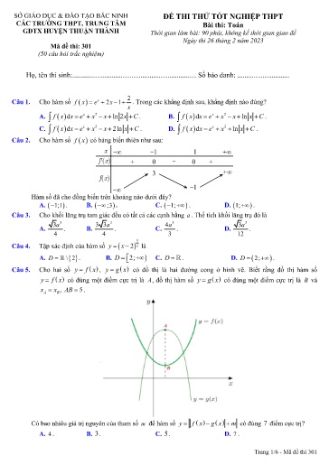 Đề thi thử TN THPT 2023 (Lần 1) môn Toán - Sở GD&ĐT Bắc Ninh cụm Thuận Thành (Có đáp án)