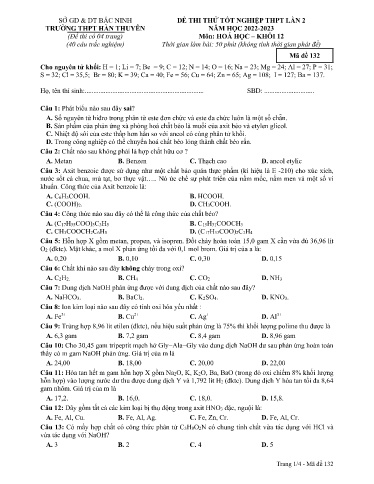 Đề thi thử TN THPT 2023 (Lần 2) môn Hóa học - Trường THPT Hàn Thuyên (Có đáp án)