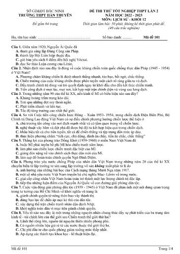 Đề thi thử TN THPT 2023 (Lần 2) môn Lịch sử - Trường THPT Hàn Thuyên (Có đáp án)