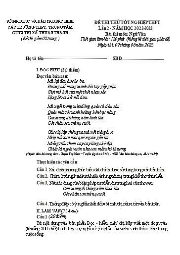 Đề thi thử TN THPT 2023 (Lần 2) môn Ngữ văn - Sở GD&ĐT Bắc Ninh cụm Thuận Thành (Có đáp án)