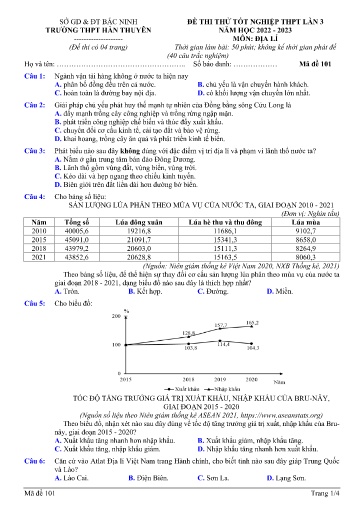 Đề thi thử TN THPT 2023 (Lần 3) môn Địa lí - Trường THPT Hàn Thuyên (Có đáp án)