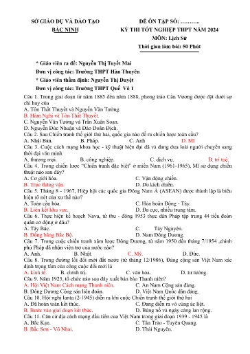 Đề thi tốt nghiệp THPT 2024 môn Lịch sử - Trường THPT Hàn Thuyên (Có đáp án)
