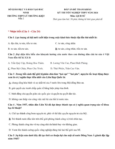 Đề thi tốt nghiệp THPT 2024 môn Lịch sử - Trường THPT Lý Thường Kiệt (Có đáp án)