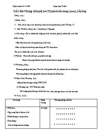 Giáo án GDTC 12 - Tiết 1+2: Bài TD nhịp điệu (nữ), bài TD phát triển chung (nam). Cầu lông - Năm học 2021-2022