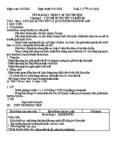 Giáo án Sinh học 12 - Tiết 1, Bài 1: Gen, mã di truyền và quá trình nhân đôi ADN - Năm học 2021-2022